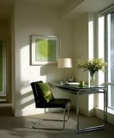 Interior design with glass desk and artwork during daylight photo