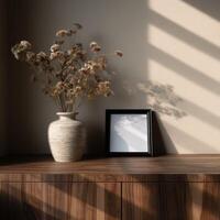 Vase with dried flowers and frame on wood furniture photo