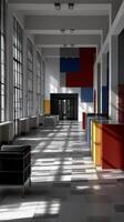 A large room with lots of windows and colorful walls photo