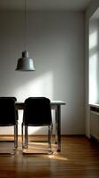 Minimalist interior featuring Bauhaus chairs and pendant light photo
