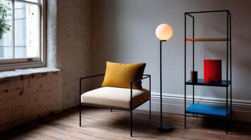 Bauhaus interior featuring modern chair, lamp and shelving unit photo
