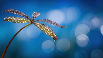 Dew drops adorn palmate leaf against a bokeh background photo