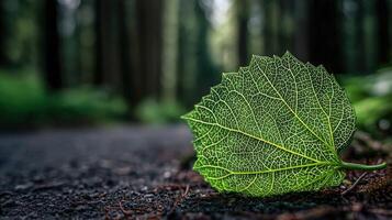 Lone green leaf lies on ground in a dense, mysterious Forest photo