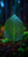 Single green leaf with intricate veins glows in forest floor photo