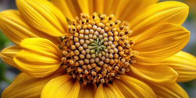 Yellow flower presents its pistil in a macro close-up view photo