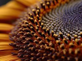 Close-up shows the center of a vibrant yellow Sunflower head photo