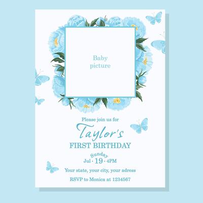 Firts birthday invitation template with photo frame Blue peonies