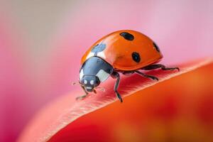 Close-up of a vibrant ladybug with striking red shell and black spots, perched on a green leaf, showcasing intricate details and natural beauty in a soft floral background photo