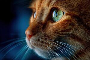 Close-up portrait of an orange tabby cat with striking green eyes, showcasing intricate fur texture and whiskers against a softly blurred dark background, capturing feline beauty and expression photo