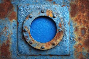 Circular porthole embedded in a weathered blue metal surface, showcasing rust and peeling paint, highlighting the passage of time and industrial aesthetics photo