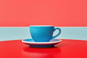 Blue ceramic cup with white rim placed on a round plate, set against a vibrant red background, showcasing modern design and bold color contrast in a minimalist style photo