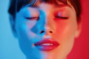 Close-up portrait of a young woman with closed eyes, illuminated by vibrant blue and red lighting, showcasing smooth skin and a serene expression in a creative artistic setting photo