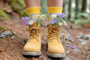 Yellow hiking boots adorned with colorful flowers and vibrant socks stand on a forest trail, showcasing a playful blend of nature and fashion in a serene outdoor setting photo
