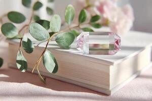 Clear quartz crystal resting on a book with eucalyptus branch and pink flowers photo