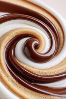 Swirling mixture of melted dark chocolate, white chocolate and cinnamon creating a mesmerizing pattern photo
