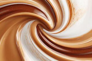 Swirling mixture of melted milk, dark and white chocolate creating a captivating spiral pattern photo