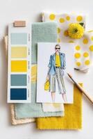Fashion designer choosing fabric and color palette for new clothes collection photo