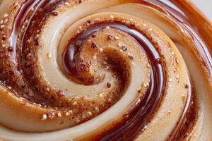 Delicious cinnamon swirl pastry with flowing caramel topping creating a mesmerizing spiral pattern photo