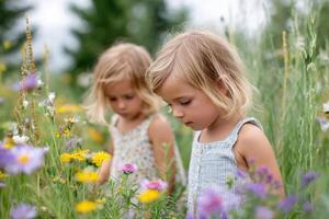 Two little girls exploring a rewilded backyard garden with tall grass and colorful flowers photo