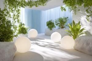 Calming virtual room with plants, rocks and spherical lights illuminating a relaxing space photo