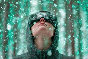 Young man wearing VR headset exploring immersive experience with teal bokeh lights photo