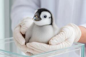 Adorable baby penguin being gently held by a caregiver in a clear glass enclosure, showcasing the nurturing environment and the delicate features of this young bird photo
