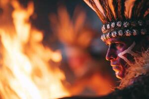 Indigenous man with tribal face paint and feathered headdress stands near a vibrant fire, showcasing cultural heritage and traditional practices in a captivating atmosphere photo