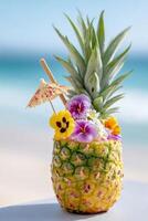 Fresh pineapple cocktail garnished with colorful flowers and a small umbrella, set against a serene beach backdrop, evoking a tropical paradise atmosphere photo