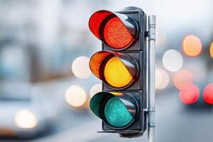 Traffic light displaying red, yellow, and green signals, mounted on a pole, with blurred vehicles and cityscape in the background, illustrating urban transportation control photo