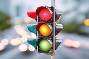 Traffic light displaying red, yellow, and green signals against a blurred urban background, illustrating road safety and traffic management in a busy city environment photo