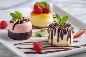 Assorted mini desserts featuring chocolate, raspberry, and vanilla flavors, elegantly arranged on a white plate with fresh mint leaves and drizzled chocolate sauce for a delightful presentation photo
