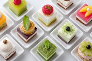 Colorful assortment of miniature desserts displayed on white plates, featuring various flavors and toppings, showcasing culinary artistry and vibrant presentation for dessert lovers photo