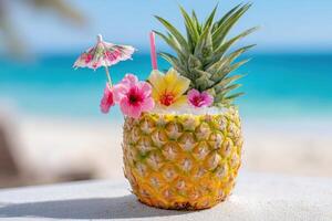 Tropical pineapple drink garnished with colorful flowers and a small umbrella, set against a serene beach backdrop with turquoise waters and soft sand, evoking a refreshing summer vibe photo
