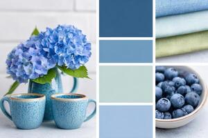 Blue hydrangea flowers in a vase beside two textured cups, with color swatches and blueberries, showcasing a harmonious color palette and design inspiration for creative projects photo