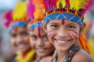 Young girl with colorful feathers and face paint smiles brightly, surrounded by friends in traditional attire, showcasing cultural celebration and joyful expression photo