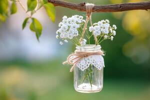 Glass jar adorned with lace and twine, hanging from a branch, filled with delicate white flowers, creating a charming rustic decor element in a natural outdoor setting photo