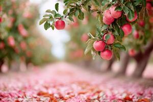 Apple orchard with ripe red apples hanging from branches, surrounded by colorful fallen leaves on the ground, creating a picturesque autumn scene with vibrant natural beauty photo