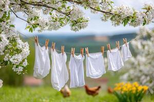 White laundry hanging on a clothesline under blooming apple trees, with vibrant flowers and chickens in the background, showcasing a serene countryside lifestyle photo