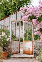 Rustic greenhouse entrance with weathered double doors, surrounded by blooming flowers and lush greenery, inviting exploration into a vibrant garden space filled with nature's beauty photo