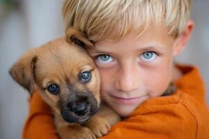 Young boy with blonde hair is embracing a small brown puppy, showcasing a heartwarming bond between child and pet in a soft, natural setting with gentle lighting photo