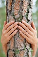 Hands of a person gently embracing a textured tree trunk, showcasing the connection between nature and humanity, highlighting environmental awareness and appreciation for the outdoors photo