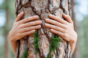 Hands gently embracing a textured tree trunk, showcasing the connection between humans and nature, with soft green moss accentuating the bark's natural beauty and warmth photo