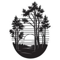 Silhouette of a forest scene with sunset and trees in an oval frame design vector