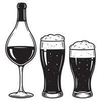 Elegant black and white illustration of wine and beer glasses for drinks and beverage concepts vector