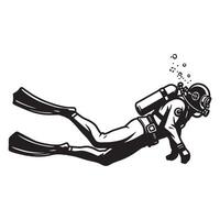 Black and white illustration of a scuba diver exploring underwater with equipment vector