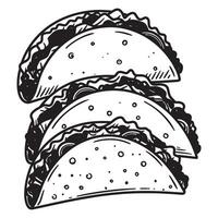 Simple black and white illustration of three delicious filled tacos ready to eat vector