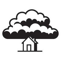Black and white illustration of a house underneath a cloud symbolizing weather or concept vector