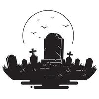 Silhouette of a spooky graveyard featuring headstones moon and flying birds for halloween. vector
