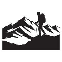 Silhouette of hiker ascending mountain with backpack and trekking poles in black and white vector