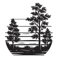 Black and white illustration of trees and landscape within a circular frame design vector